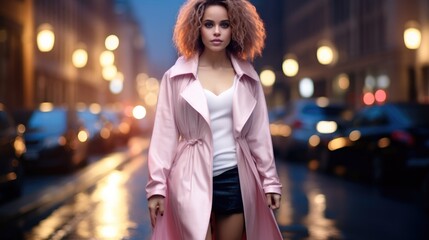 Canvas Print - Beautiful glamorous lady in luxury coat and elegant dress walking along the city street at night.