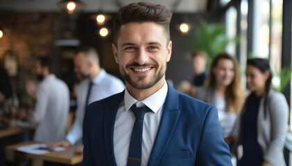 Aufkleber - Portrait of confident mature good looking middle aged leader, CEO businessman in suit on office multiethnic employees background.