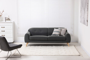 Poster - living room with soft carpet and stylish furniture. modern design