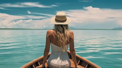 Wall Mural - Woman wear hat sitting on front of wooden boat in sea, Rear view, Travel concept.