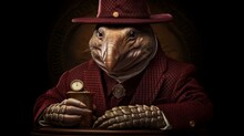 An Upscale Portrait Featuring A Posh Armadillo With A Cap And A Smoking Pipe, Set Against A Deep Maroon Backdrop.