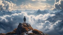 Man With Backpack Standing On The Top Of The Mountain, Success, Personal Growth Concept.
