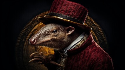 Wall Mural - an upscale portrait featuring a posh armadillo with a cap and a smoking pipe, set against a deep maroon backdrop.