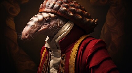 Wall Mural - an upscale portrait featuring a posh armadillo with a cap and a smoking pipe, set against a deep maroon backdrop.