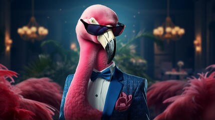 Wall Mural - Construct a debonair flamingo with sophisticated specs, striking a pose on a luxurious sapphire backdrop.