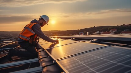 Poster - Solar power engineer installing solar panels on roof.