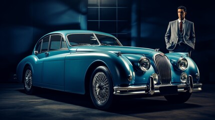 Wall Mural - Construct a debonair jaguar with sophisticated specs, striking a pose on a luxurious cerulean backdrop.