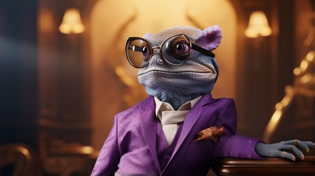 Construct a debonair chameleon with sophisticated specs, striking a pose on a luxurious amethyst backdrop.