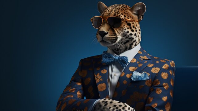 Construct a debonair cheetah with sophisticated specs, striking a pose on a luxurious indigo backdrop.