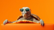 Craft An Elegant Sea Turtle In Fashionable Glasses, Lounging On A Serene Tangerine Background.