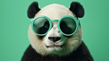 Create A Suave Panda Sporting Spectacles, Enjoying Bamboo On A Mint Green Background.