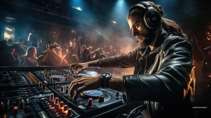 Fototapete - DJ plays on the best, Famous CD players at nightclub during party, EDM, party concept.
