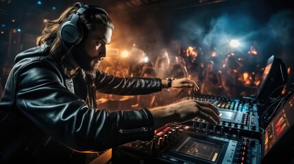 Fototapete - Disc jockey at the turntable, DJ at nightclub during party.