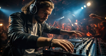 Fototapete - Disc jockey at the turntable, DJ at nightclub during party.