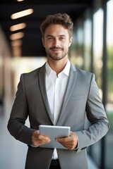 Aufkleber - Young businessman holding pad computer in hands at modern office.