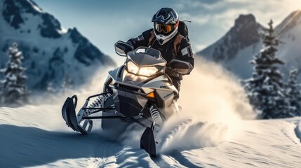 Canvas Print - Snowmobile rider performing spectacular jump on mountain with snowy landscape.