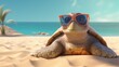 Design a trendy sea turtle with spectacles, lounging on a sandy beige backdrop.