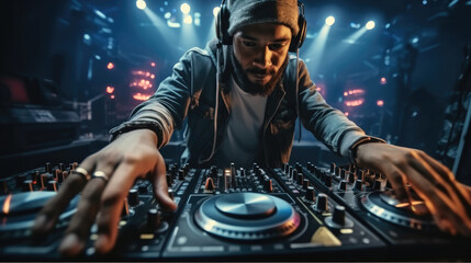 Fototapete - Disc jockey at the turntable, DJ at nightclub during party.