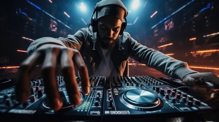 Fototapete - DJ are working with sound, spinning turntable records at a night club party.