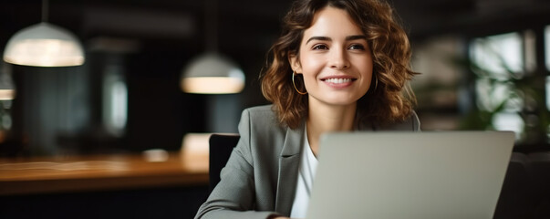 Professional female employee or a businesswoman using a laptop in a modern office. Copy space