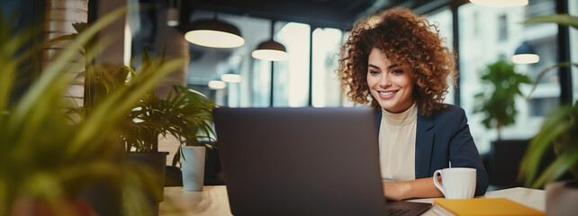 Professional female employee or a businesswoman using a laptop in a modern office. Copy space