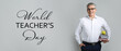 © Pixel-Shot - Mature male teacher with apple and books on grey background. Banner for Teacher's Day