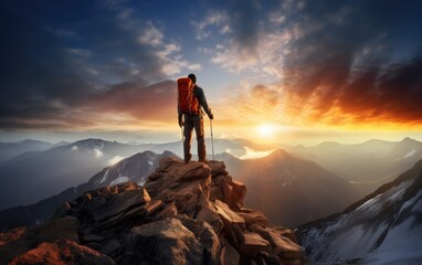 Wall Mural - Hiker on a peak at sunrise. Generative AI