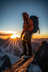 Wall Mural - Hiker on a peak at sunrise. Generative AI