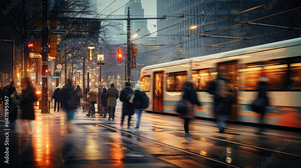 Bustling city street, capturing the essence of urban life with pedestrians, vendors, and public transport