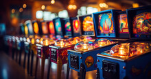 Row Of Classic Pinball Machines In An Arcade, Featuring Vintage Designs And Colorful Lights