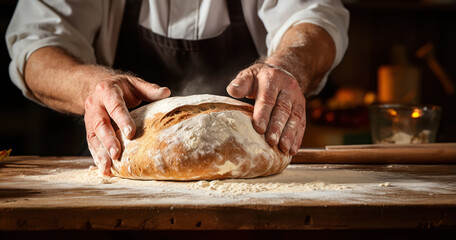 Artisan baker kneading dough on a rustic wooden table, surrounded by ingredients