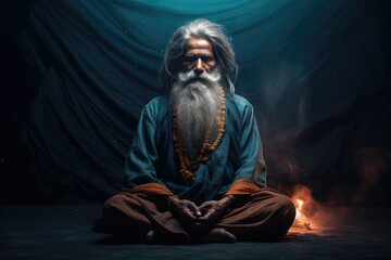 Portrait of beard old man meditating on blue background with fire flame. Senior person in hood doing yoga.