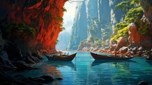 Hidden Cove, Where Traditional Fishing Boats Are Tucked Away Beneath Towering Cliffs, Their Vibrant Colors Hidden From The World.