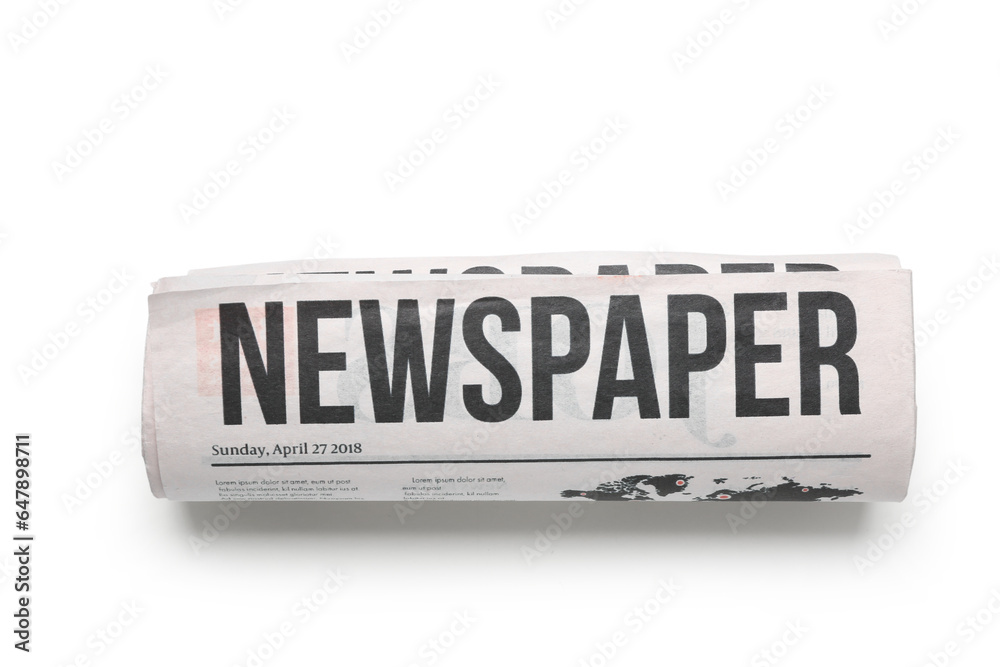 Rolled newspaper isolated on white background