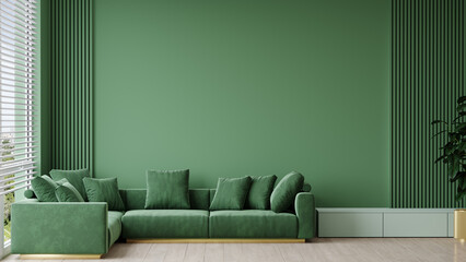 Wall Mural - Livingroom mockup with a dark green sofa and emerald color walls. Empty space for a gallery and paintings, art. Painted wall in a deep accent background. Modern large premium design room. 3d rendering