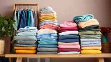 Several stacks of clothes, meticulously folded and arranged on a table