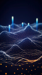 Poster - Data technology and communication futuristic illustration. Wave of bright particles. Technological 3D landscape. Big Data visualization. Network of dots connected by lines.
