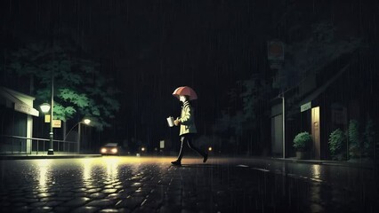 Wall Mural - Background music lofi girl walking dark night pouring rain Feeling sad looping video animation. Created using Generative AI Technology