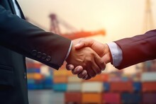 Handshake Of Two Businessmen Against The Backdrop Of A Large Container Warehouse. Global Transactions And Cargo Transportation Around The World.