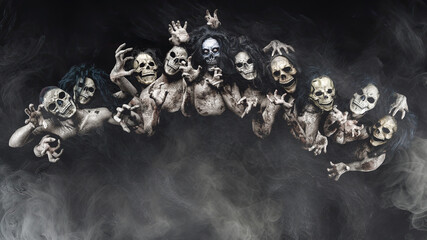 A group portrait of individuals in ghost costumes with skull faces, set against a foggy black backdrop, capturing the Halloween spirit