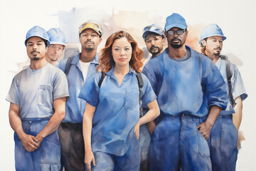 Wall Mural - Watercolor Painting, Diverse Group of Blue Collar Men and Women Wearing Work Clothes, Generative AI