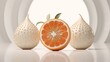 Create a visually striking representation of a trio of exotic passion fruits, their wrinkled shells and vibrant orange interiors showcased on a clean white background.