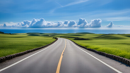 asphalt road panorama in countryside on sunny spring day