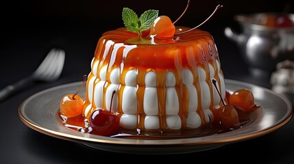 Canvas Print - sweet pudding with fruit topping and melted sweet syrup on a wooden table with blurry background