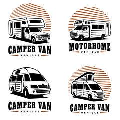 Set of RV recreational vehicle badge design. Camper van motorhome emblem collection