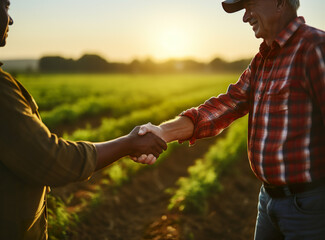 Wall Mural - Handshake. Two farmer standing and shaking hands in a wheat field. Agricultural business, generative AI