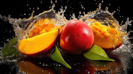  fresh yellow mangoes splashed with water on black and blurred background