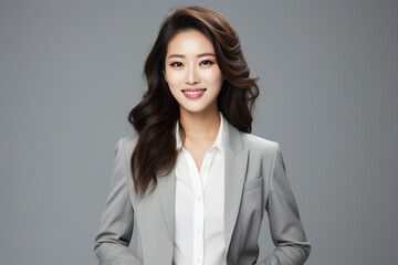 Against a bright white background, a poised and intelligent young Asian woman, elegantly attired in a light gray suit coupled with a pristine white shirt, delivers a presentation. Generative AI.