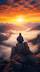 Poster - Silhouette of a person meditating on the top of mountain