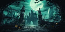 Halloween Scene With A Spooky Castle And Blue Moon